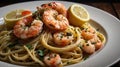 Shrimp Scampi Pasta with Lemon, Garlic, and Parsley Close Up on White Plate Royalty Free Stock Photo
