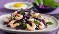 A plate of shrimp and vegetables with a bowl of salad