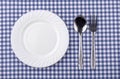 Plate with silverware on checquered blue background. Royalty Free Stock Photo