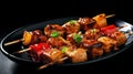 plate of skewers Grilled chicken or pork with tomatoes. Generative AI