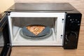 Plate with slice of pizza in microwave oven Royalty Free Stock Photo