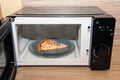 Plate with slice of pizza in microwave oven Royalty Free Stock Photo