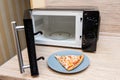 Plate with slice of pizza next to the microwave Royalty Free Stock Photo