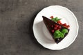 Plate with slice of tasty homemade chocolate cake and space for text on table Royalty Free Stock Photo