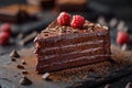 Plate with slice of tasty homemade chocolate cake on table Royalty Free Stock Photo