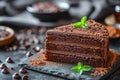 Plate with slice of tasty homemade chocolate cake on table Royalty Free Stock Photo