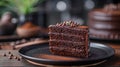 Plate with slice of tasty homemade chocolate cake on table Royalty Free Stock Photo