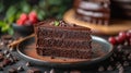 Plate with slice of tasty homemade chocolate cake on table Royalty Free Stock Photo