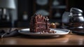 Plate with slice of tasty homemade chocolate cake on table, generative ai Royalty Free Stock Photo