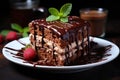 Plate with slice of tasty homemade chocolate cake on table Royalty Free Stock Photo