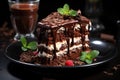 Plate with slice of tasty homemade chocolate cake on table Royalty Free Stock Photo