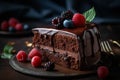 Plate with slice of tasty homemade chocolate cake on table Royalty Free Stock Photo