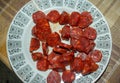 a plate of sliced chorizo