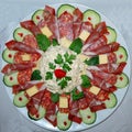 Plate with sliced and complex dried meat products