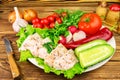 Plate with sliced fresh pork lard, fresh produce, vegetables on the wooden table.