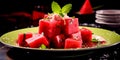 Plate of sliced juicy watermelon in square shape stands on table of restaurant for dessert