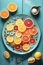 Plate with sliced oranges and fruit Royalty Free Stock Photo