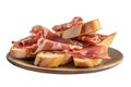 Plate of sliced serrano ham on bread slices with cutout PNG transparent background. Jamon serrano typical Spanish. Generative AI Royalty Free Stock Photo