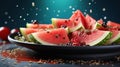 a plate of sliced watermelon and other fruit on a table. generative ai Royalty Free Stock Photo