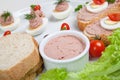 Plate with slices of bread with home made pate, decorated with vegetables Royalty Free Stock Photo