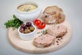 Plate with slices of bread with home made pate with vegetables Royalty Free Stock Photo