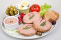 Plate with slices of bread with home made pate, with vegetables Royalty Free Stock Photo