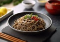 Plate of soba buckwheat noodles on restaurant table.Macro.AI Generative