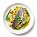 Roasted Herring Noodles Dish With Asparagus On White Background