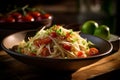 A plate of Som tam, Spicy green papaya salad, Thailand food. Generative AI