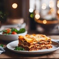 a plate with some lasagna on it and a fork