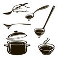 Plate of soup, spoon, ladle and pan Royalty Free Stock Photo