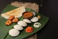 Plate of south indian food idli sambar dosa wada chutney,