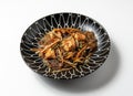 plate of soya noodles with prawns centred , isolated on white background