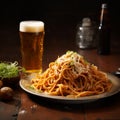 Japanese-inspired Table Setting With Pasta, Beer, And Mushrooms