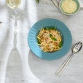 Plate spaghetti carbonara white wine top view Dinner table