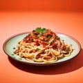 Bold Chromaticity: Spaghetti With Hoisin Sauce On Coral Background