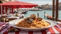 a plate of spaghetti with clams on the table with the background of the canals of Venice and the blurred gondolas