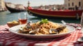 a plate of spaghetti with clams on the table with the background of the canals of Venice and the blurred gondolas