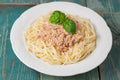 A plate of spaghetti with creamy tomato sauce