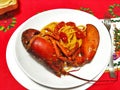 Plate of spaghetti with lobster on a Christmas table Royalty Free Stock Photo