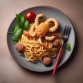 A plate of spaghetti shaped like a scorpion, with meatball stinger and noodle legs4