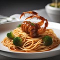 A plate of spaghetti shaped like a scorpion, with meatball stinger and noodle legs1