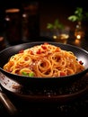 Plate of spaghetti with tomato sauce and parmesan cheese