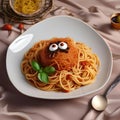 A plate of spaghetti turned into a spider, with meatball body and olive eyes2 Royalty Free Stock Photo