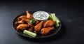 A plate of spicy buffalo wings with celery and blue cheese dip Royalty Free Stock Photo