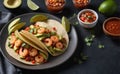 A plate of spicy shrimp tacos with salsa and avocado