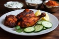 plate of spicy tandoori chicken with side of cool cucumber raita