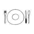 Plate, spoon, fork, knife icon, concept. hand drawn doodle style. , minimalism, monochrome, sketch. table set, dishes, food, lunch Royalty Free Stock Photo