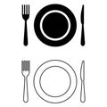 Plate, spoon and fork vector icon set. restaurant illustration sign collection. onboard food menu symbol. Royalty Free Stock Photo