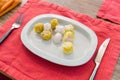 Plate of spring rolls with rice on table Royalty Free Stock Photo